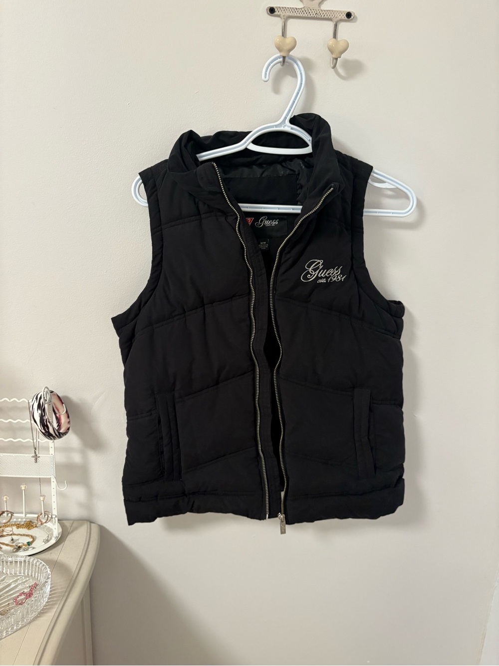 Guess Black Quilted Puffer Vest with Logo